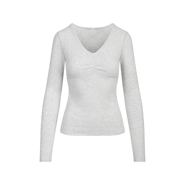 COTTON JERSEY SHIRRED BUST LONG SLEEVE | LIGHT HEATHER GREY FLAT ON A WHITE BACKGROUND | FLT