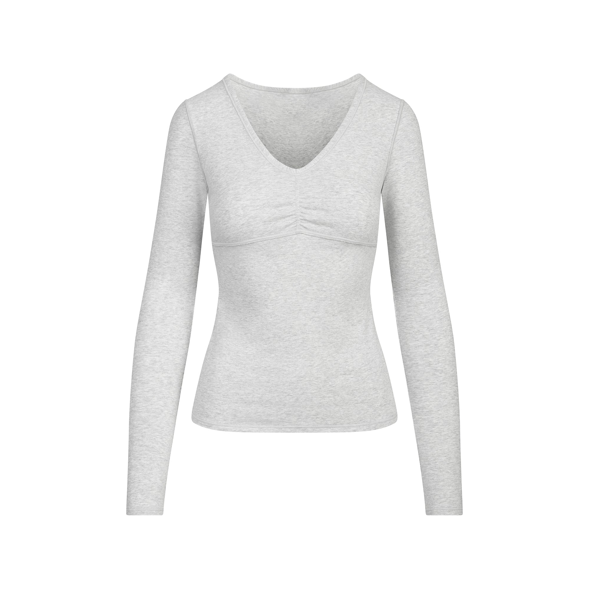 COTTON JERSEY SHIRRED BUST LONG SLEEVE | LIGHT HEATHER GREY FLAT ON A WHITE BACKGROUND | FLT