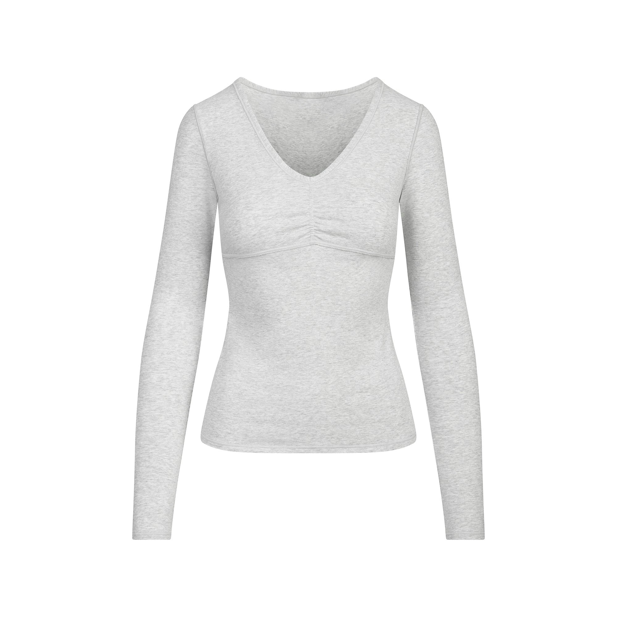 COTTON JERSEY SHIRRED BUST LONG SLEEVE | LIGHT HEATHER GREY FLAT ON A WHITE BACKGROUND | FLT