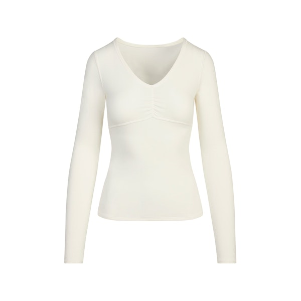 COTTON JERSEY SHIRRED BUST LONG SLEEVE | MARBLE FLAT ON A WHITE BACKGROUND | FLT