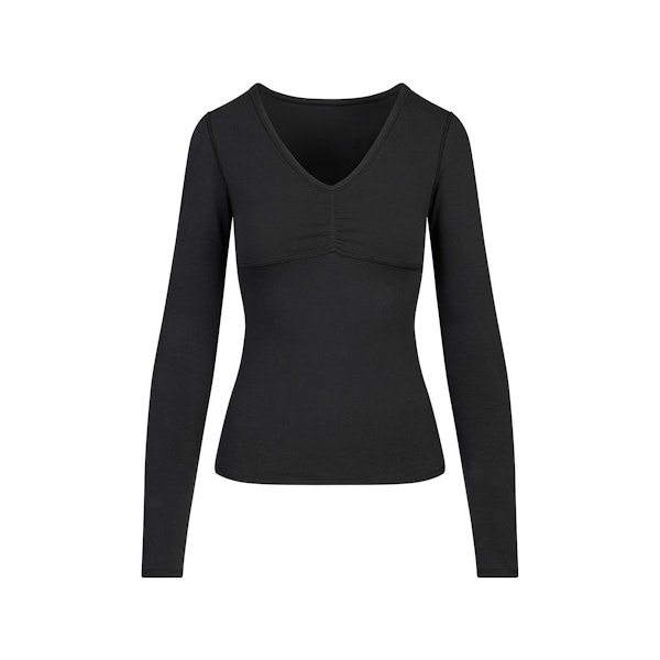 COTTON JERSEY SHIRRED BUST LONG SLEEVE | SOOT FLAT ON A WHITE BACKGROUND | FLT