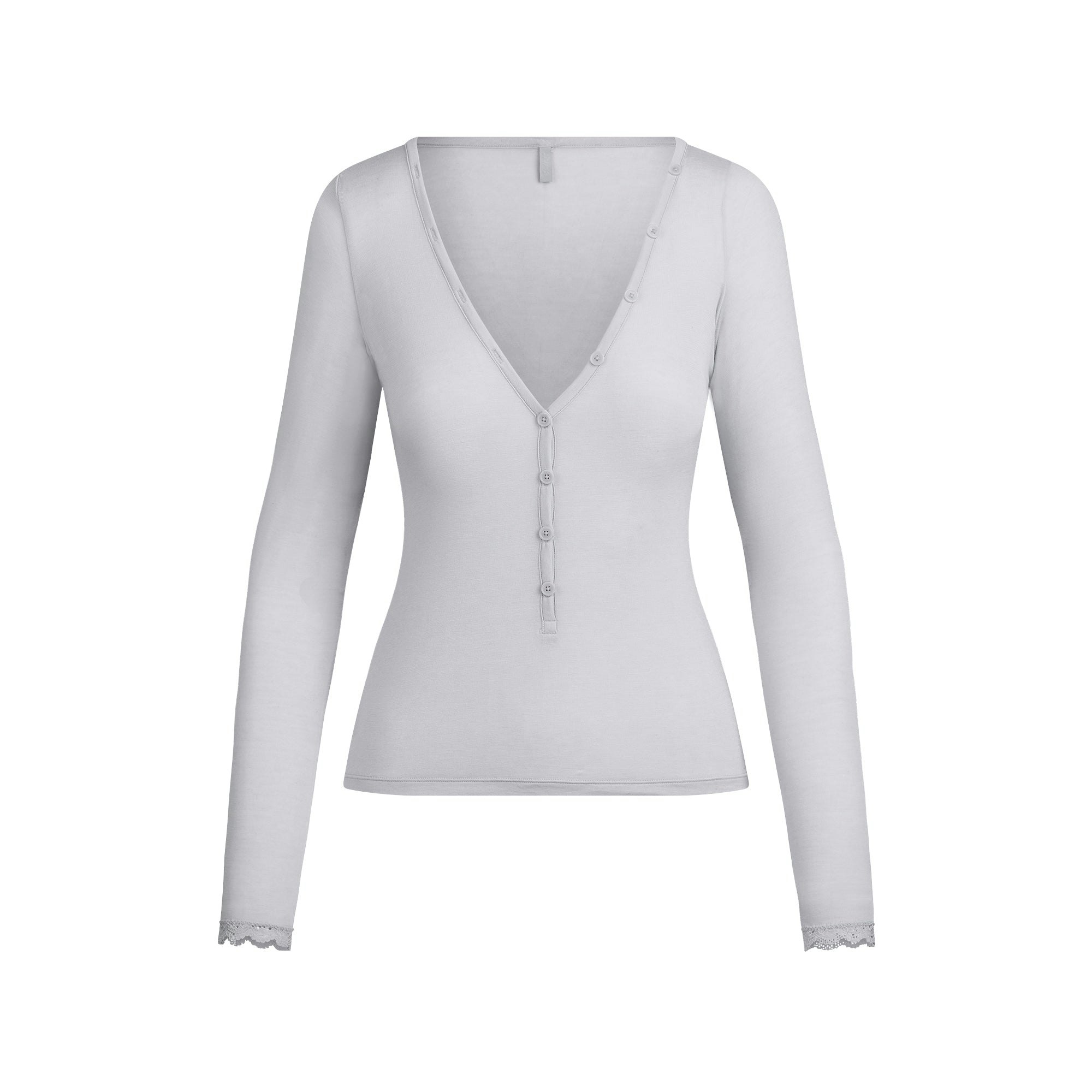SHEER MODAL LONG SLEEVE HENLEY | MIST FLAT ON A WHITE BACKGROUND | FLT