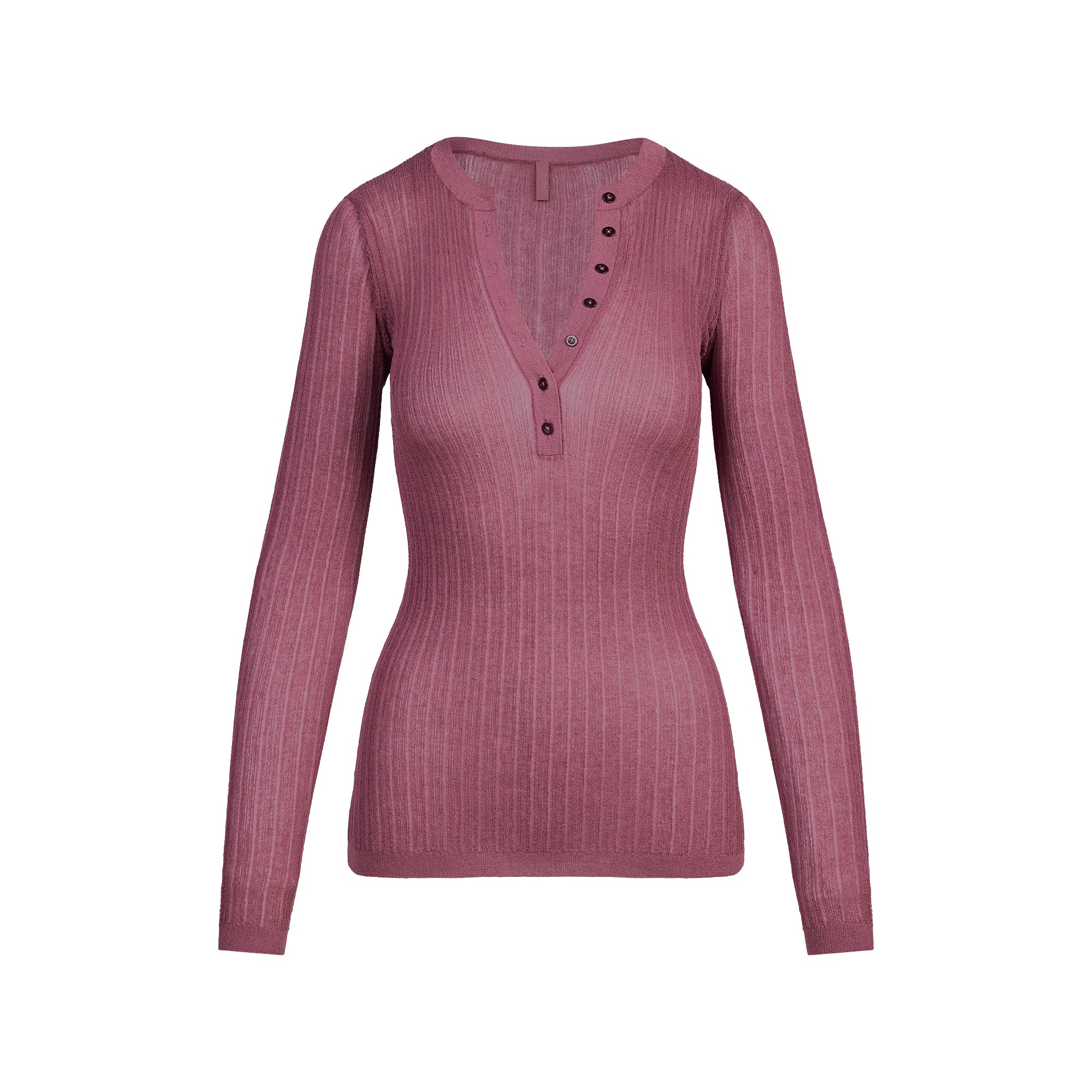 SHEER KNIT LONG SLEEVE HENLEY | BEET