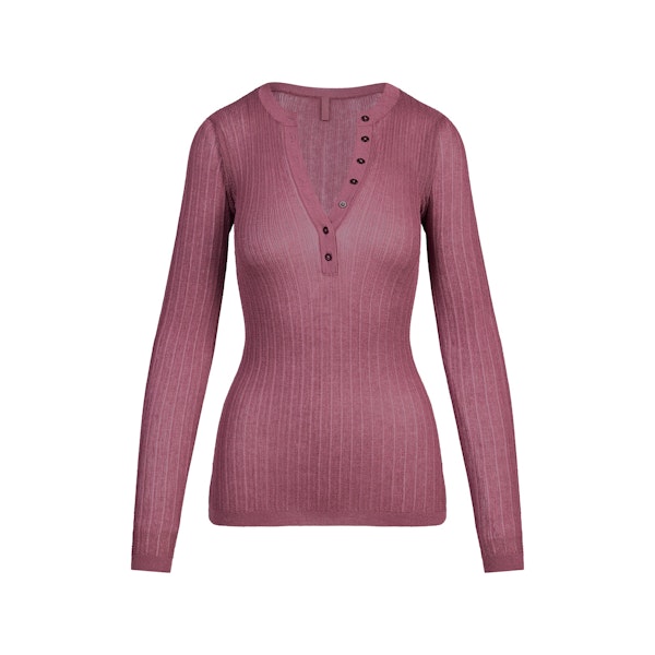SHEER KNIT LONG SLEEVE HENLEY | BEET FLAT ON A WHITE BACKGROUND | FLT