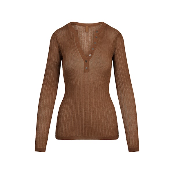 SHEER KNIT LONG SLEEVE HENLEY | BISON FLAT ON A WHITE BACKGROUND | FLT