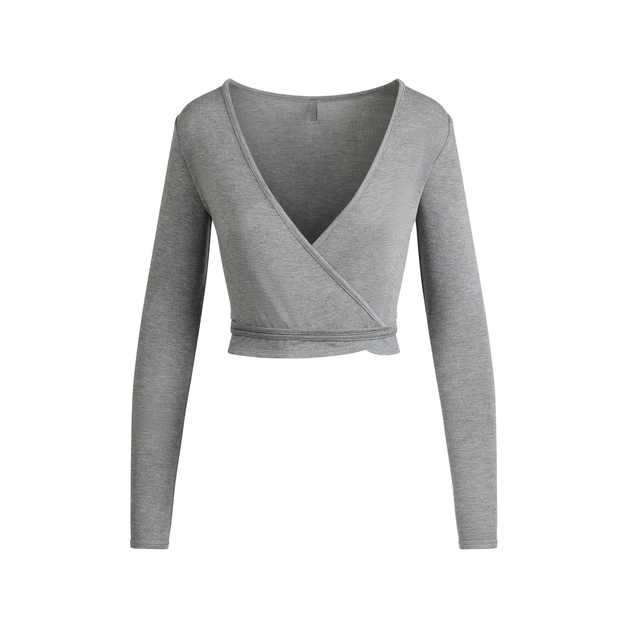 LIGHTWEIGHT MODAL LONG SLEEVE WRAP TOP | DARK HEATHER GREY FLAT ON A WHITE BACKGROUND | FLT