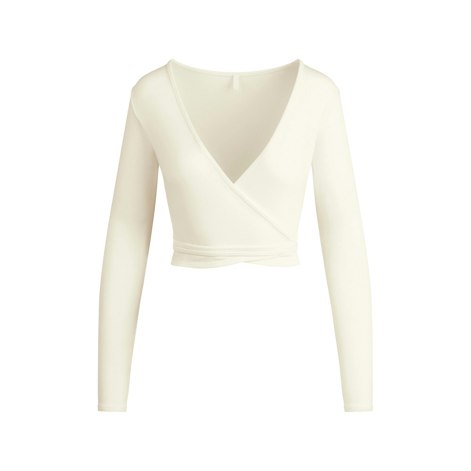 LIGHTWEIGHT MODAL LONG SLEEVE WRAP TOP | ECRU FLAT ON A WHITE BACKGROUND | FLT