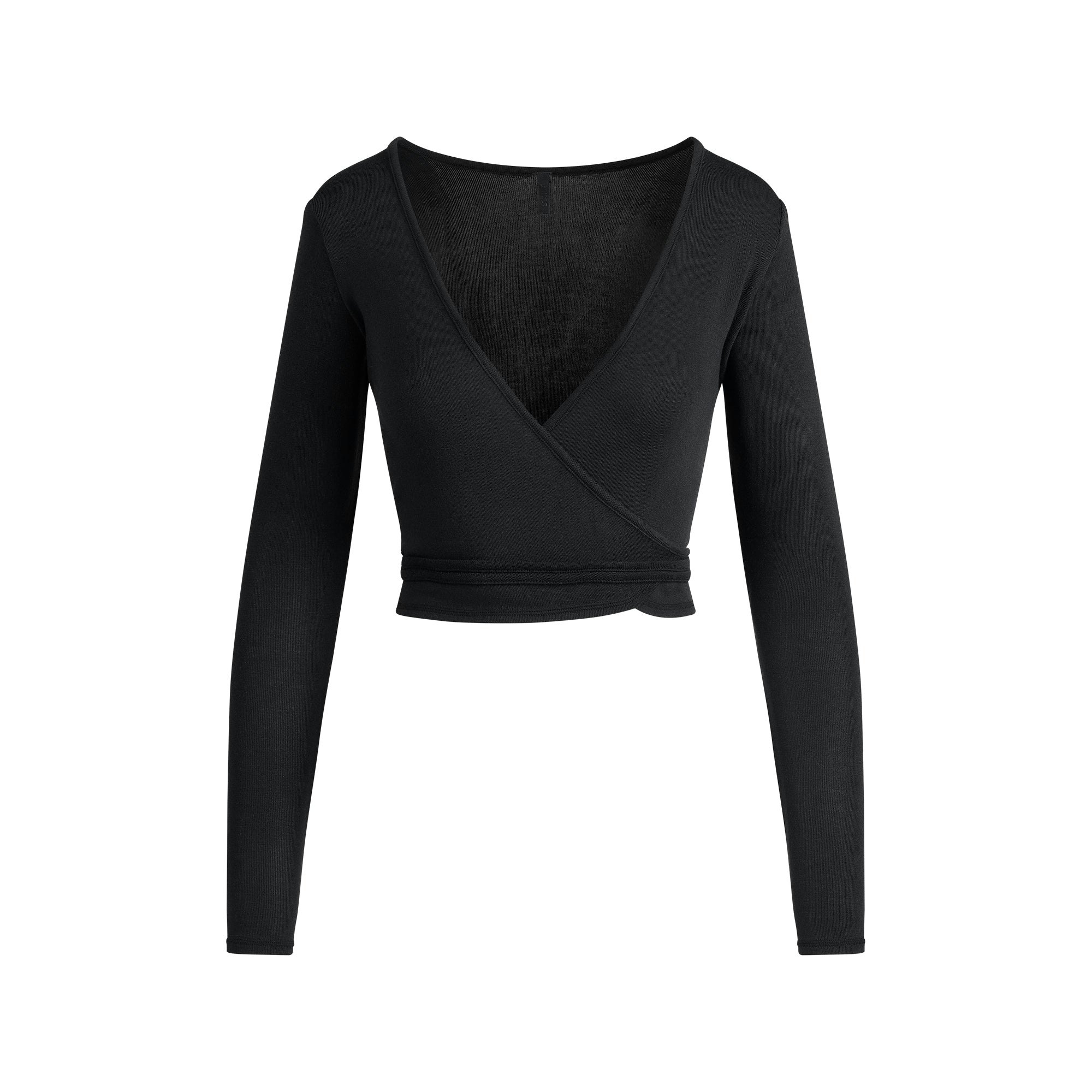 LIGHTWEIGHT MODAL LONG SLEEVE WRAP TOP | ONYX FLAT ON A WHITE BACKGROUND | FLT