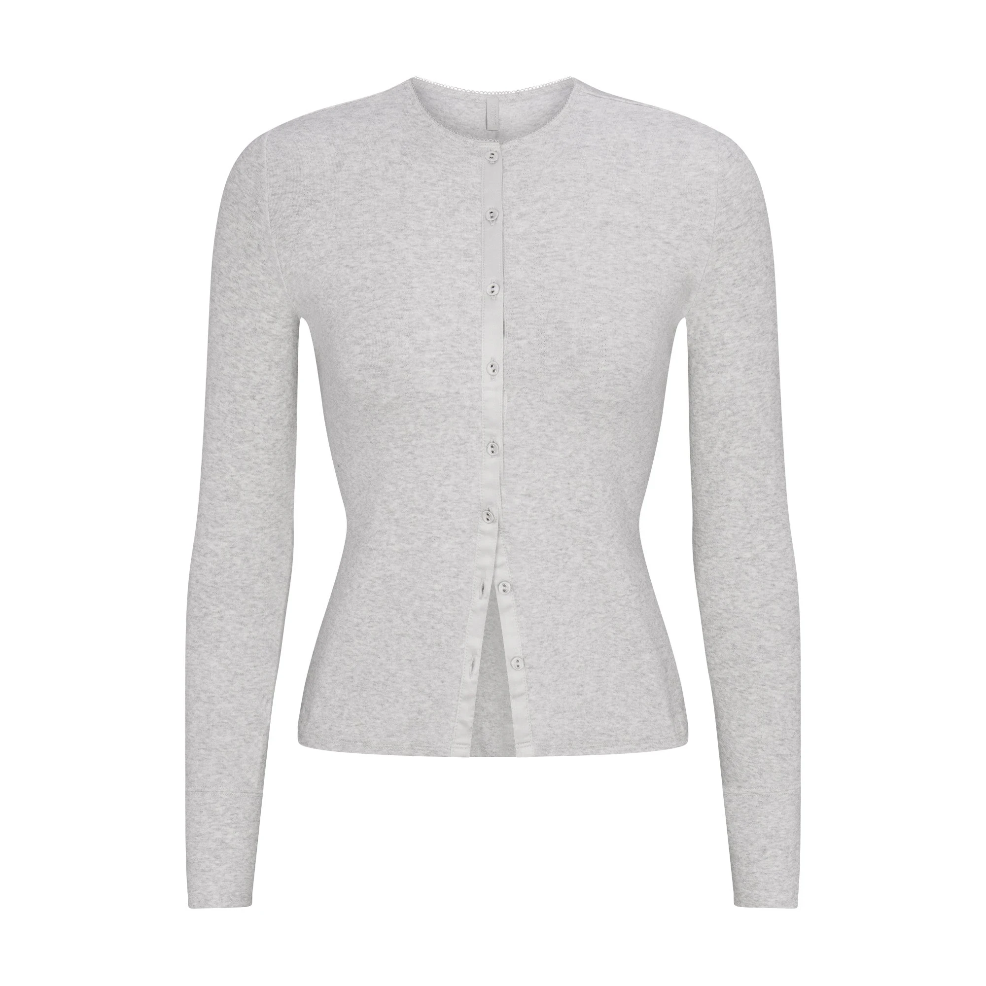 DROP NEEDLE POINTELLE LONG SLEEVE CARDIGAN | LIGHT HEATHER GREY FLAT ON A WHITE BACKGROUND | FLT