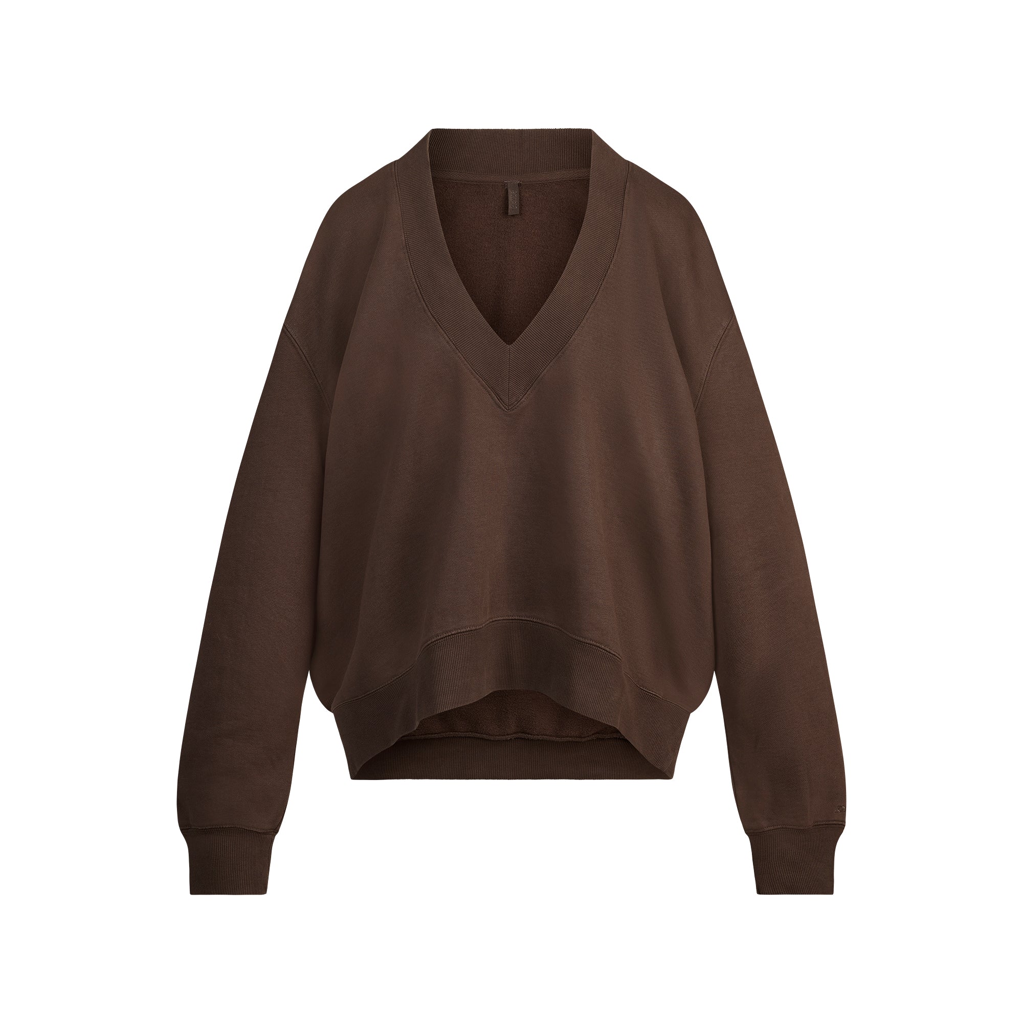 BOYFRIEND FLEECE V NECK PULLOVER | ESPRESSO FLAT ON A WHITE BACKGROUND | FLT