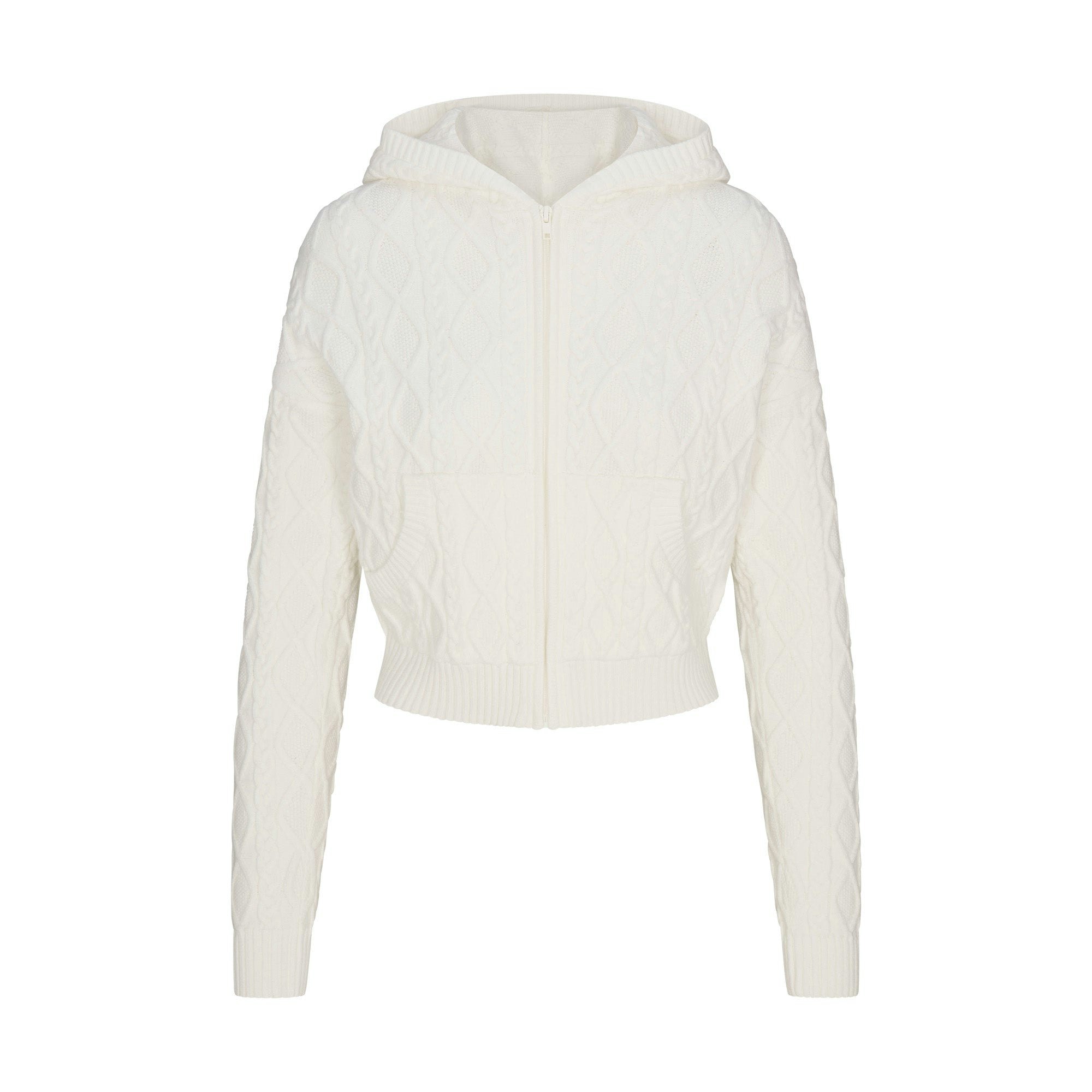 SWEATER KNIT SHRUNKEN ZIP UP HOODIE | IVORY FLAT ON A WHITE BACKGROUND | FLT