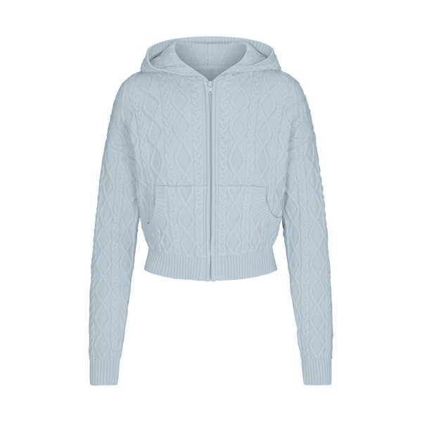 SWEATER KNITS CABLE SHRUNKEN ZIP UP HOODIE | ZEN BLUE FLAT ON A WHITE BACKGROUND | FLT