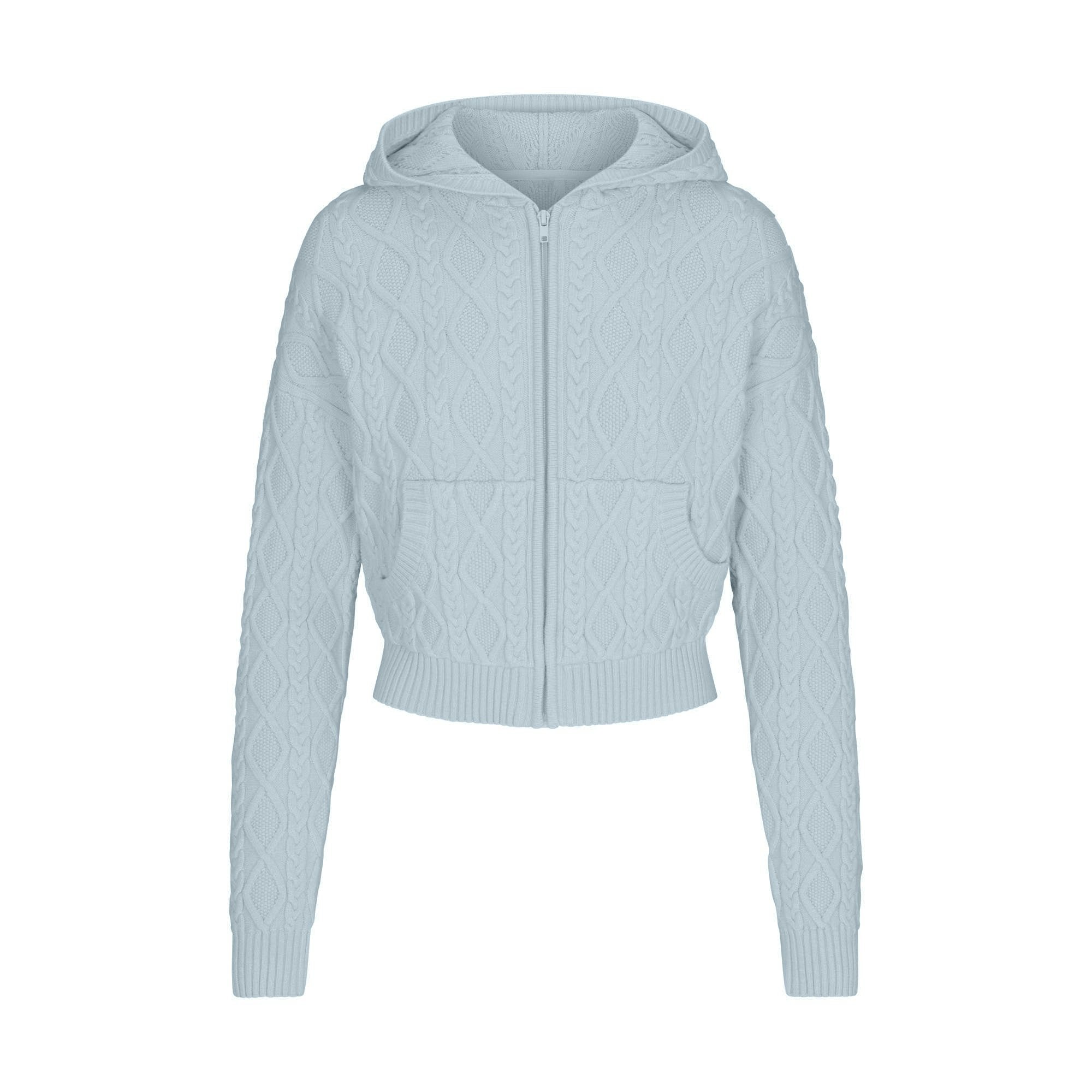 SWEATER KNITS CABLE SHRUNKEN ZIP UP HOODIE | ZEN BLUE FLAT ON A WHITE BACKGROUND | FLT