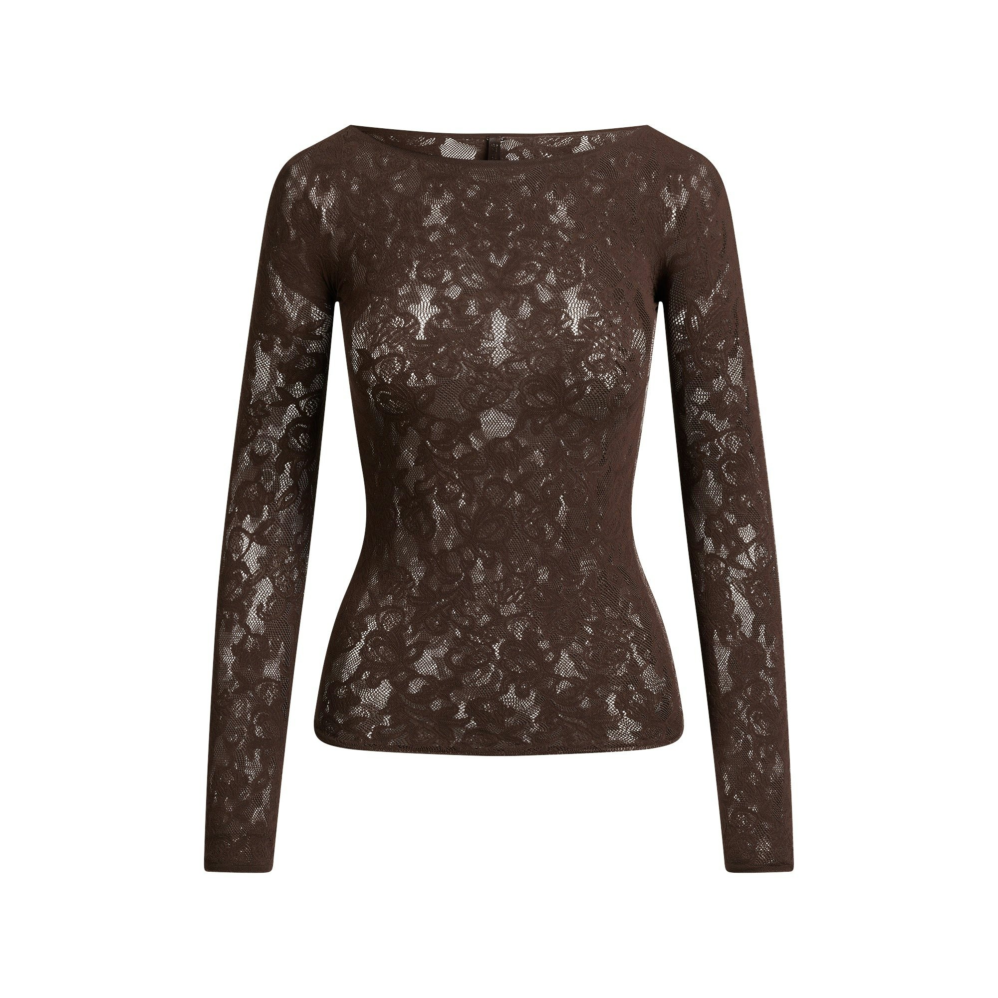 KNIT LACE BOATNECK TOP | ESPRESSO FLAT ON A WHITE BACKGROUND | FLT