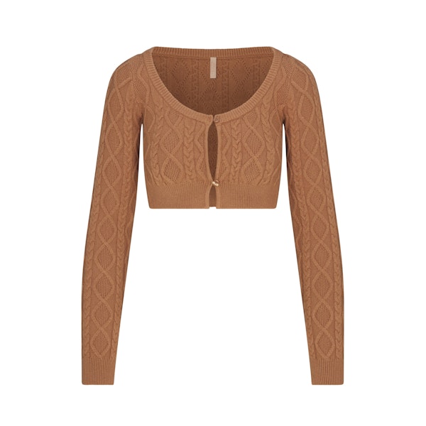 SWEATER KNIT CROPPED CARDIGAN | DARK HONEY FLAT ON A WHITE BACKGROUND | FLT
