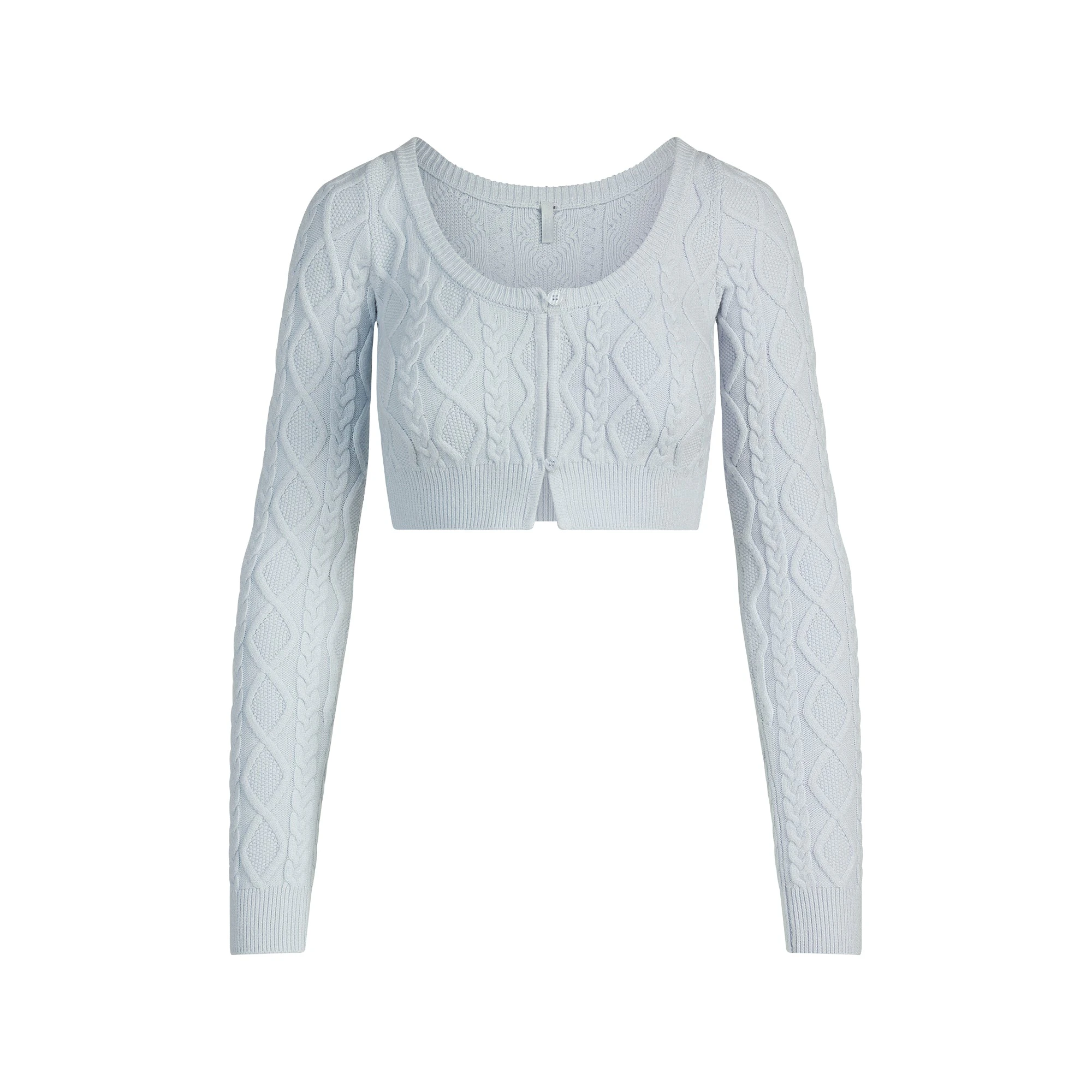 SWEATER KNITS CABLE CARDIGAN | ZEN BLUE FLAT ON A WHITE BACKGROUND | FLT