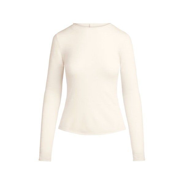 FEATHERWEIGHT CASHMERE LONG SLEEVE TOP | EGRET FLAT ON A WHITE BACKGROUND | FLT