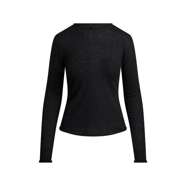 FEATHERWEIGHT CASHMERE LONG SLEEVE TOP | ONYX FLAT ON A WHITE BACKGROUND | FLT