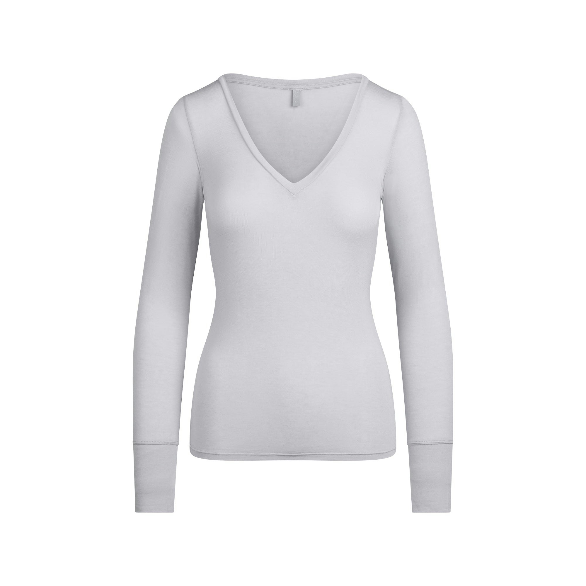 SHEER MODAL LONG SLEEVE V NECK | MIST FLAT ON A WHITE BACKGROUND | FLT