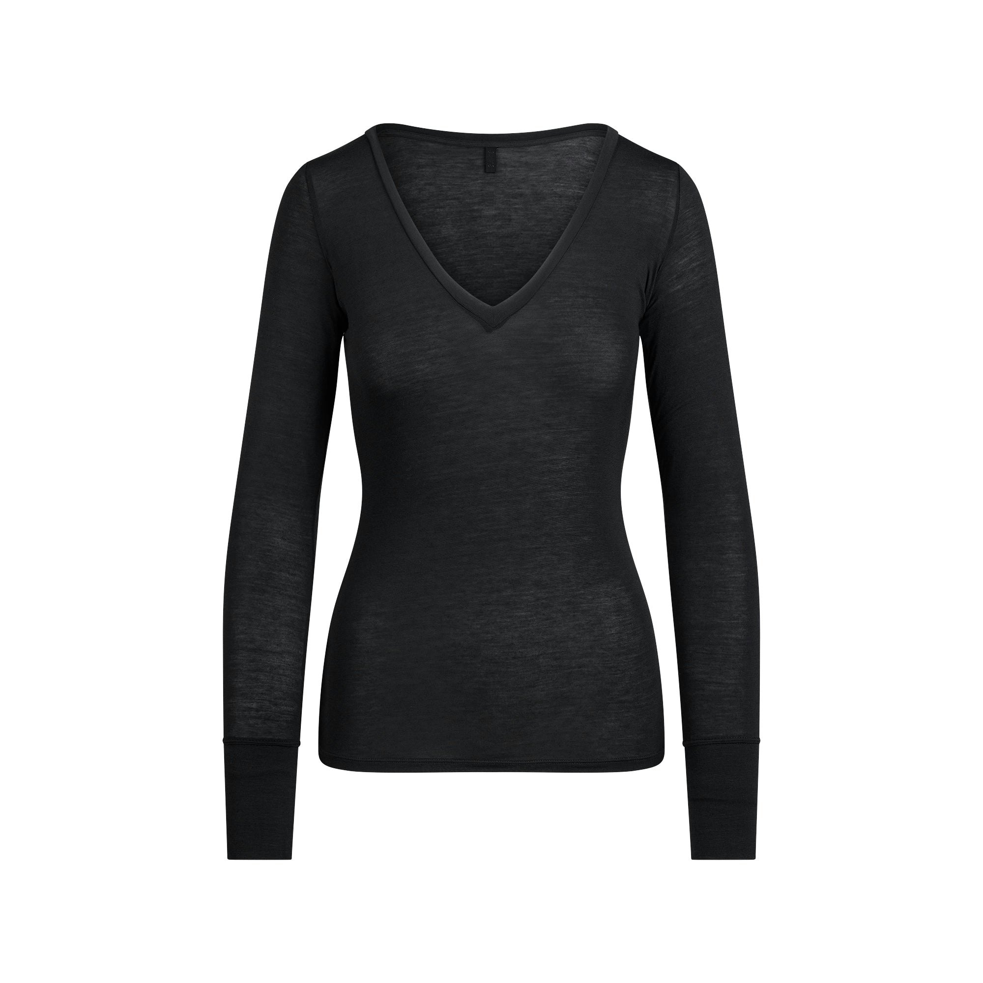 SHEER MODAL LONG SLEEVE V NECK | ONYX FLAT ON A WHITE BACKGROUND | FLT