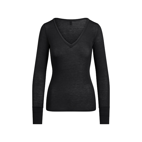 SHEER MODAL LONG SLEEVE V NECK | ONYX FLAT ON A WHITE BACKGROUND | FLT