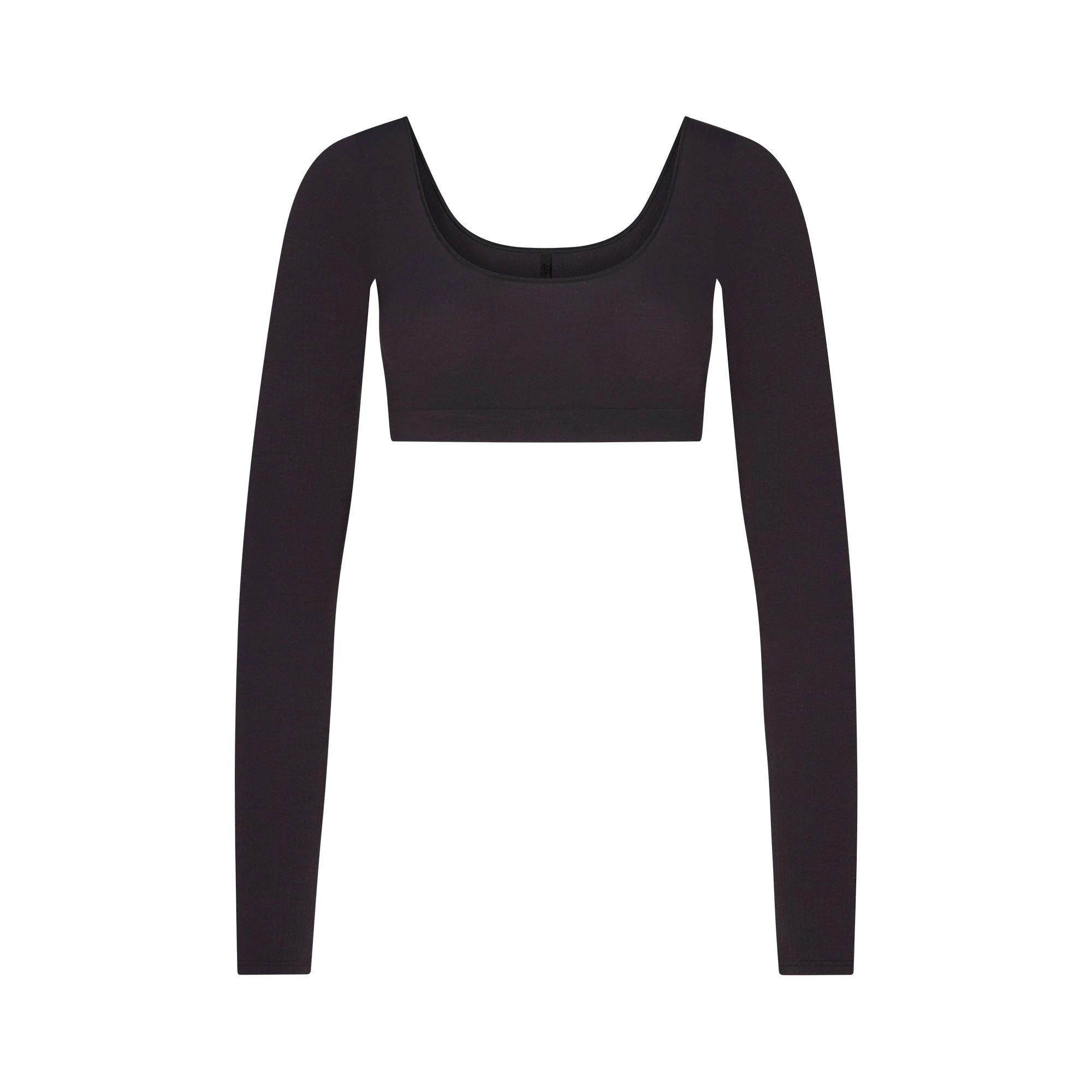 WOOL RIB LONG SLEEVE SUPER CROPPED TOP | OBSIDIAN FLAT ON A WHITE BACKGROUND | FLT