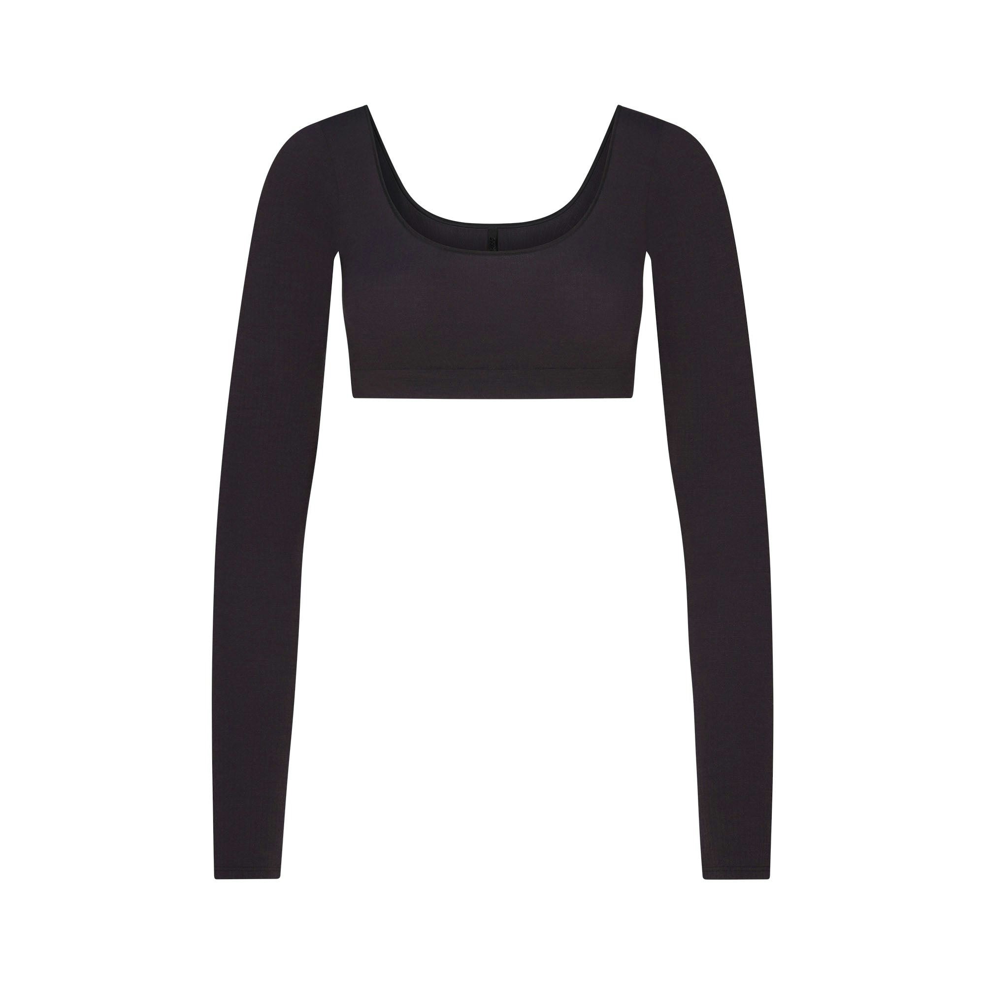 WOOL RIB LONG SLEEVE SUPER CROPPED TOP | OBSIDIAN FLAT ON A WHITE BACKGROUND | FLT