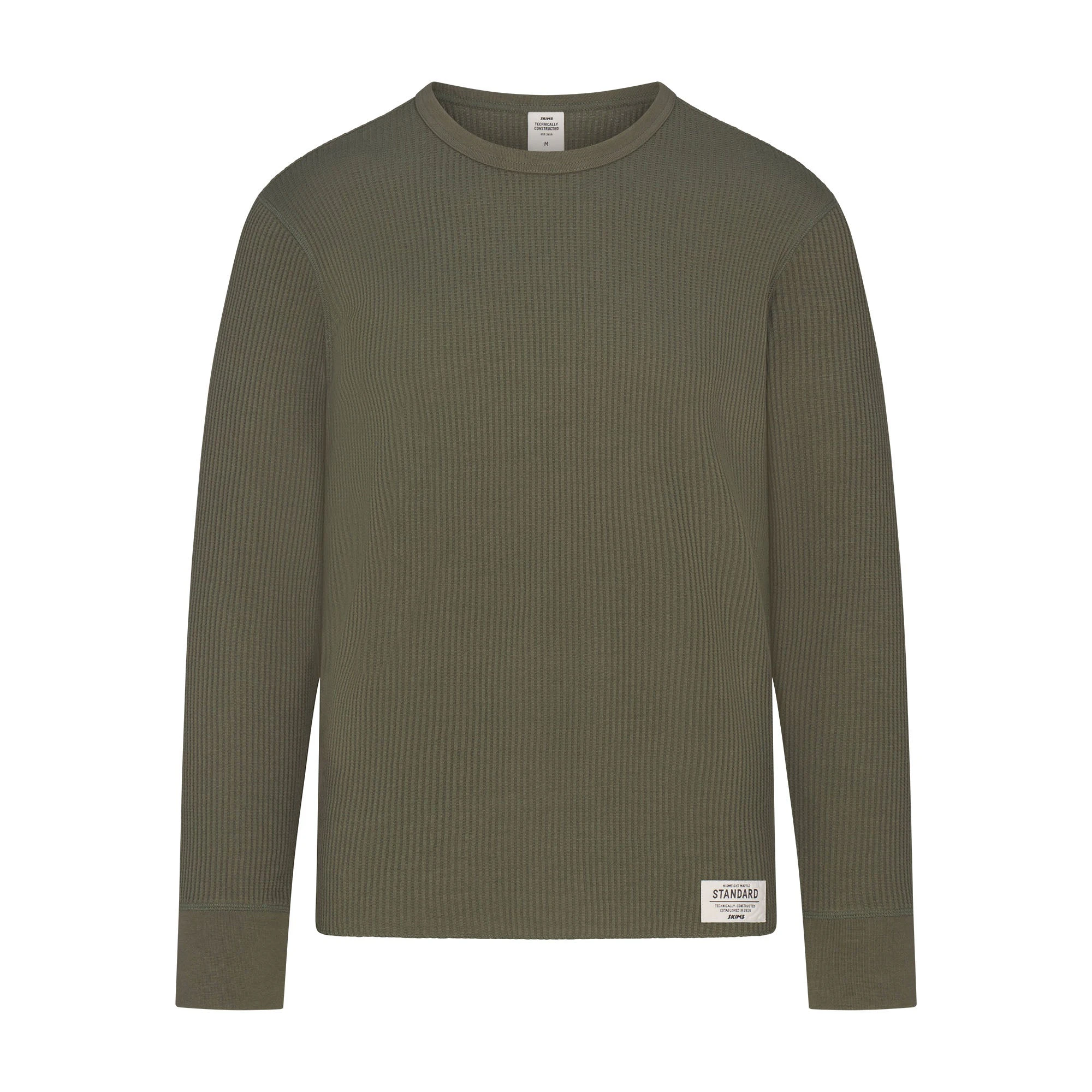 WAFFLE MENS LONG SLEEVE TOP | MILITARY GREEN FLAT ON A WHITE BACKGROUND | FLT