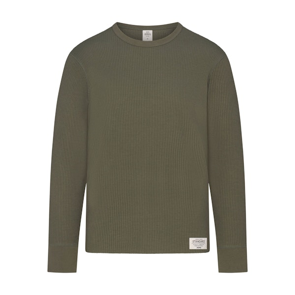 WAFFLE MENS LONG SLEEVE TOP | MILITARY GREEN FLAT ON A WHITE BACKGROUND | FLT