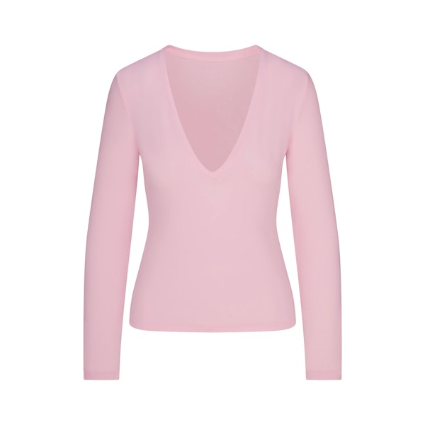 COTTON JERSEY LONG SLEEVE DEEP PLUNGE TOP | CHERRY BLOSSOM FLAT ON A WHITE BACKGROUND | FLT