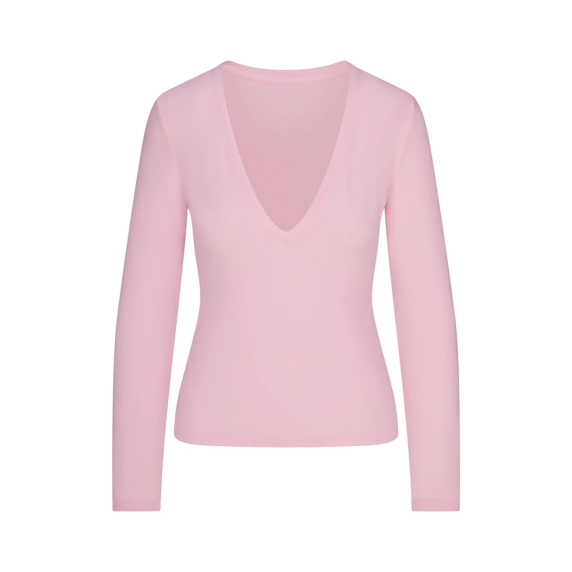 COTTON JERSEY LONG SLEEVE DEEP PLUNGE TOP | CHERRY BLOSSOM FLAT ON A WHITE BACKGROUND | FLT