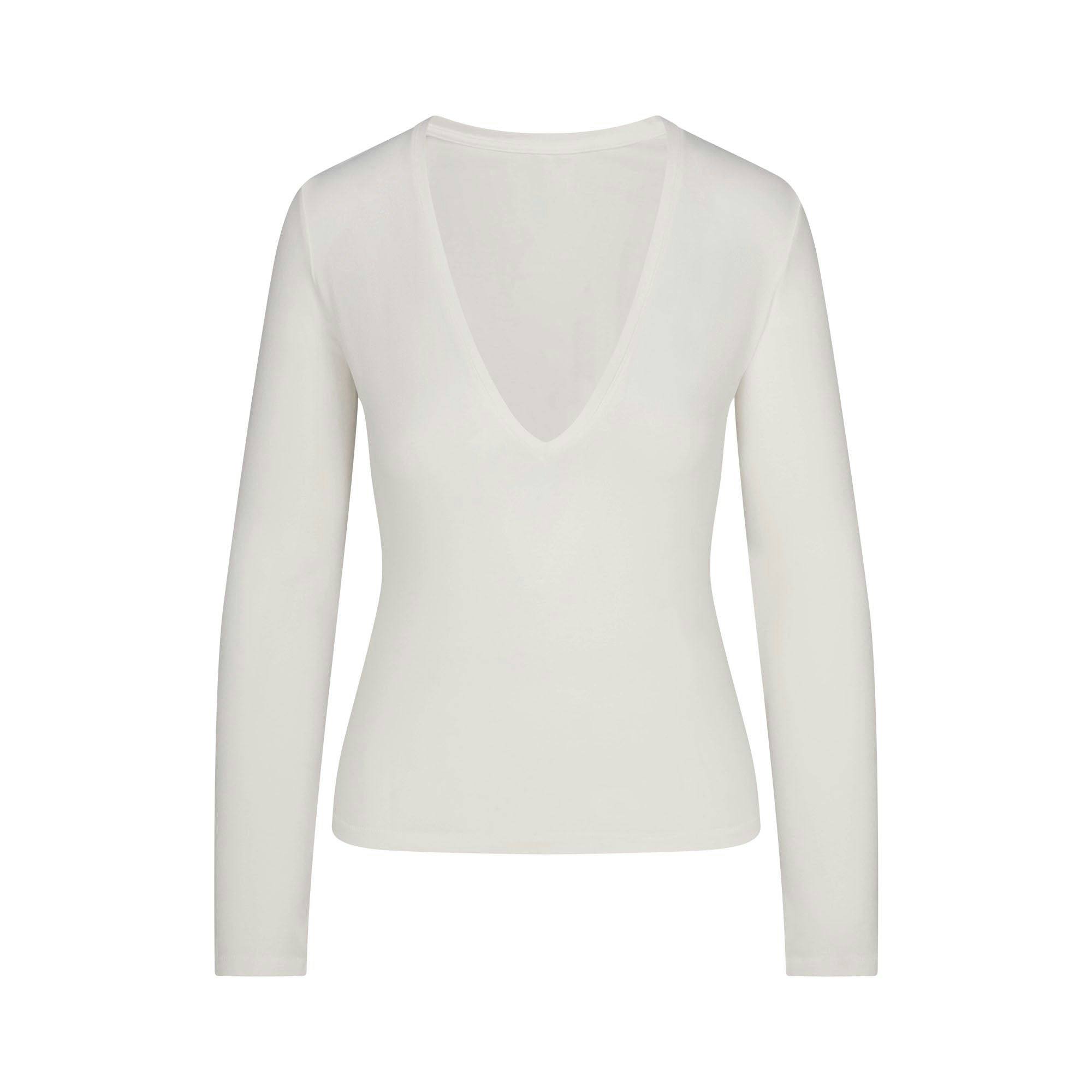 COTTON JERSEY LONG SLEEVE DEEP PLUNGE TOP | MARBLE FLAT ON A WHITE BACKGROUND | FLT