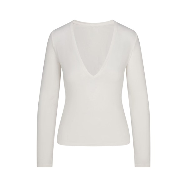 COTTON JERSEY LONG SLEEVE DEEP PLUNGE TOP | MARBLE FLAT ON A WHITE BACKGROUND | FLT