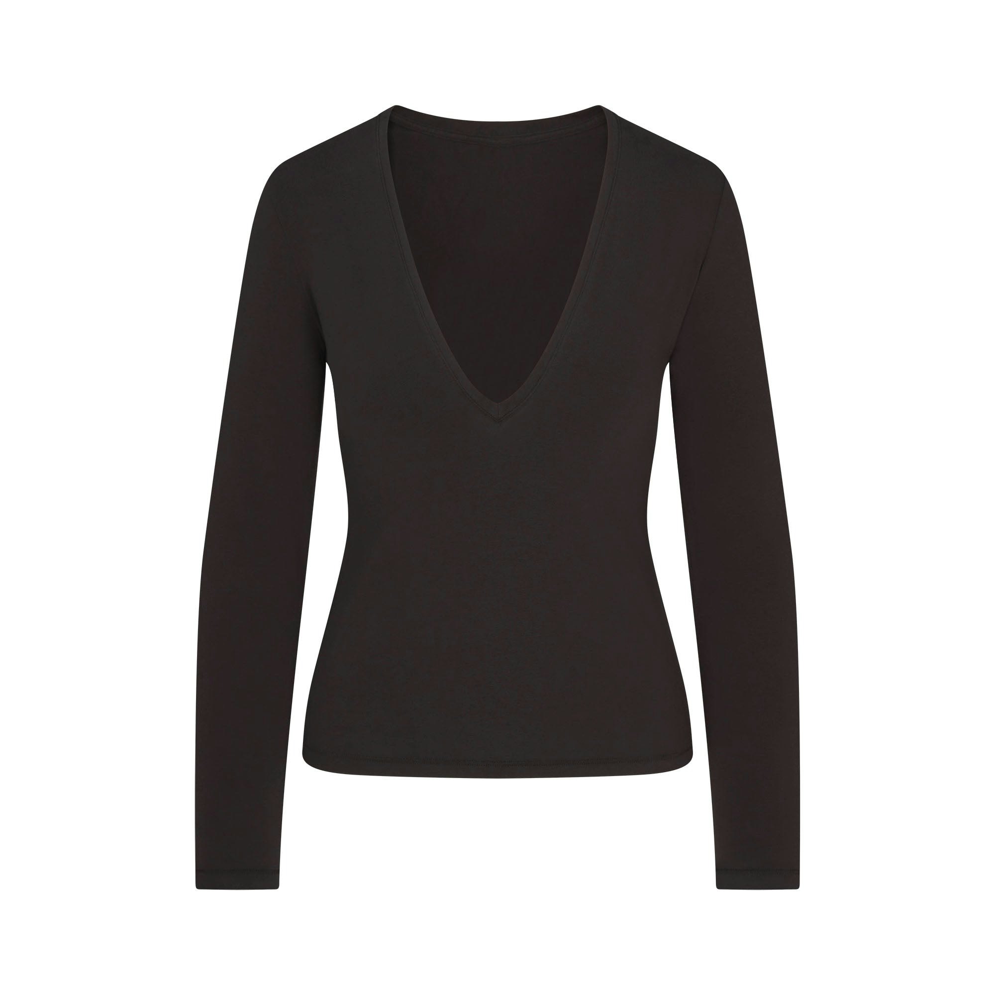 COTTON JERSEY LONG SLEEVE DEEP PLUNGE TOP | SOOT FLAT ON A WHITE BACKGROUND | FLT