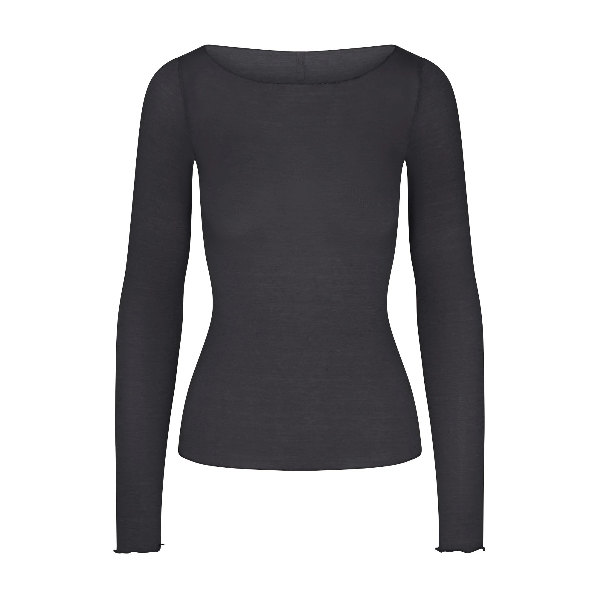 SHEER MODAL LONG SLEEVE BOATNECK TOP | ONYX FLAT ON A WHITE BACKGROUND | FLT