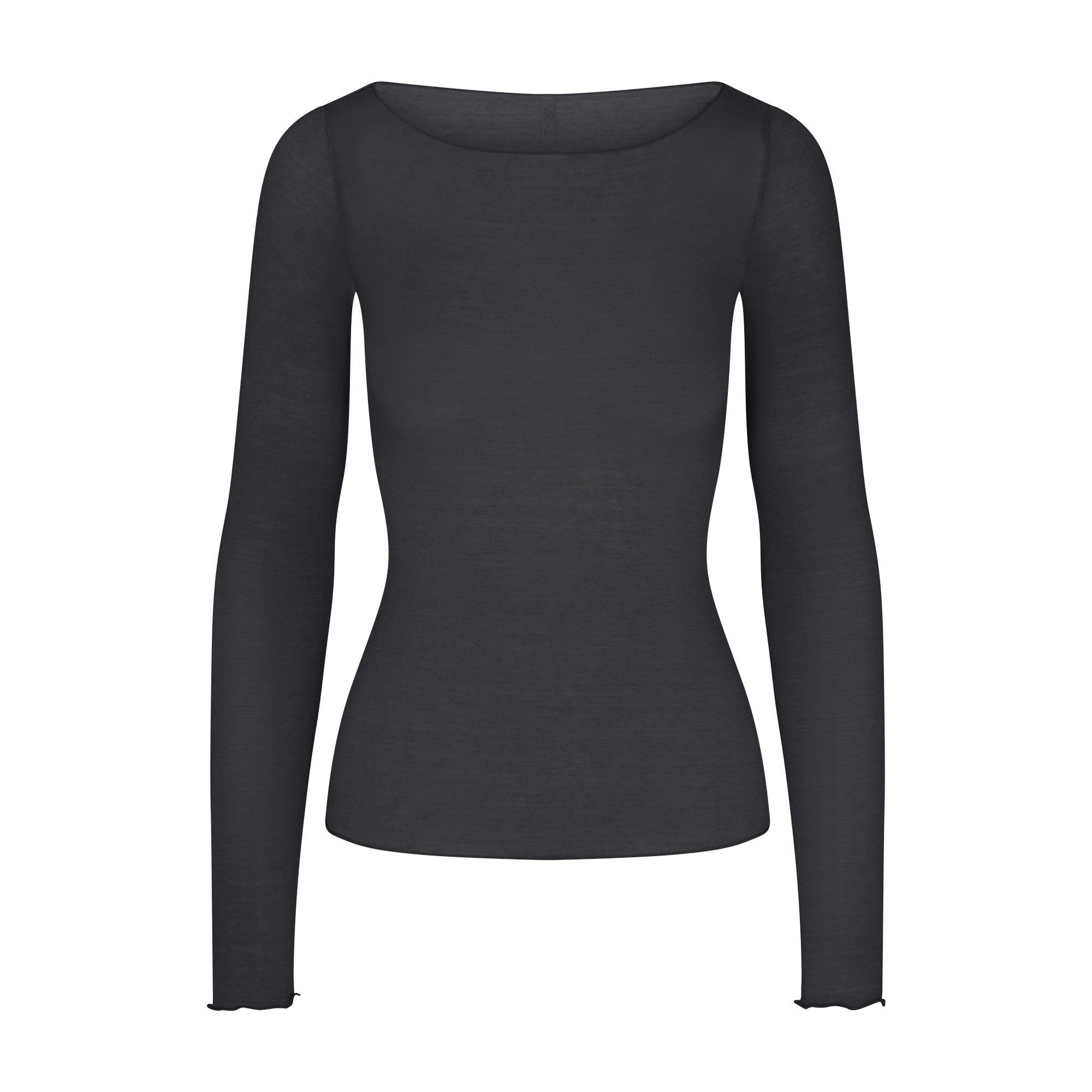 SHEER MODAL LONG SLEEVE BOATNECK TOP | ONYX FLAT ON A WHITE BACKGROUND | FLT