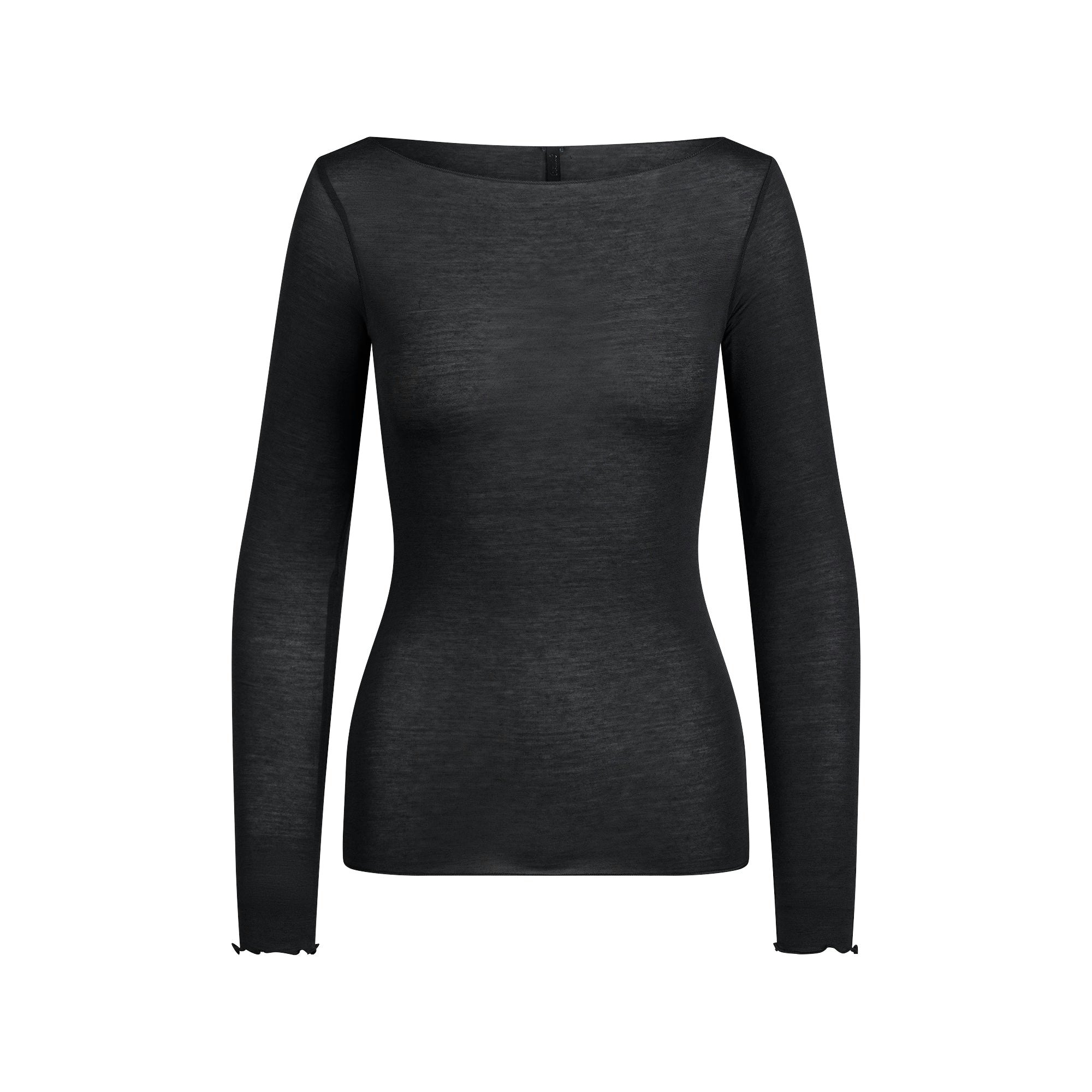 SHEER MODAL LONG SLEEVE BOATNECK TOP | ONYX FLAT ON A WHITE BACKGROUND | FLT