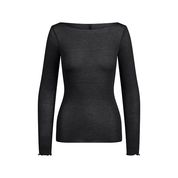 SHEER MODAL LONG SLEEVE BOATNECK TOP | ONYX FLAT ON A WHITE BACKGROUND | FLT