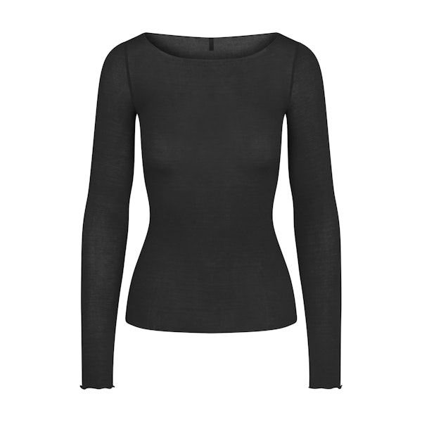 SHEER MODAL LONG SLEEVE BOAT NECK TOP | ONYX (LONG SLEEVE T-SHIRTS) FLAT ON A WHITE BACKGROUND | FLT