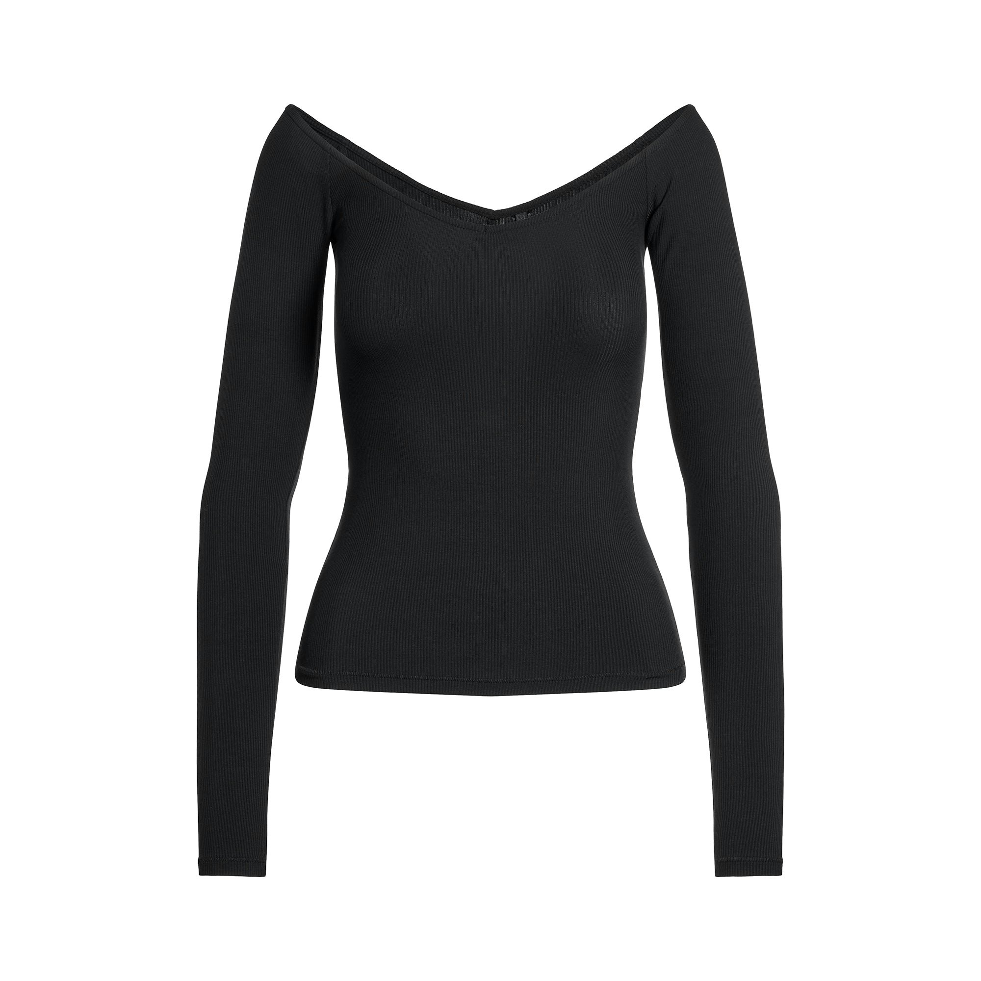 SOFT LOUNGE OFF THE SHOULDER TOP | ONYX FLAT ON A WHITE BACKGROUND | FLT