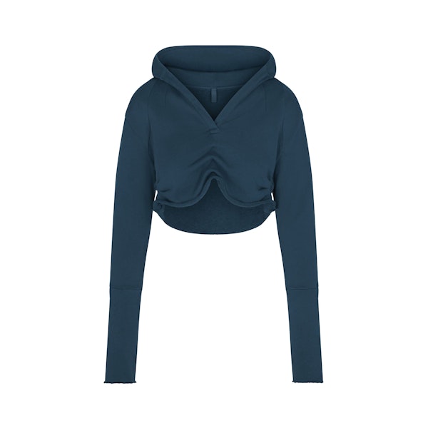 FRENCH TERRY CROPPED HOODIE | INDIGO FLAT ON A WHITE BACKGROUND | FLT | FLT