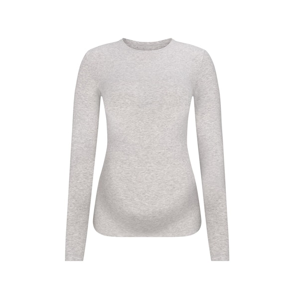 COTTON JERSEY MATERNITY LONG SLEEVE T-SHIRT | LIGHT HEATHER GREY FLAT ON A WHITE BACKGROUND | FLT