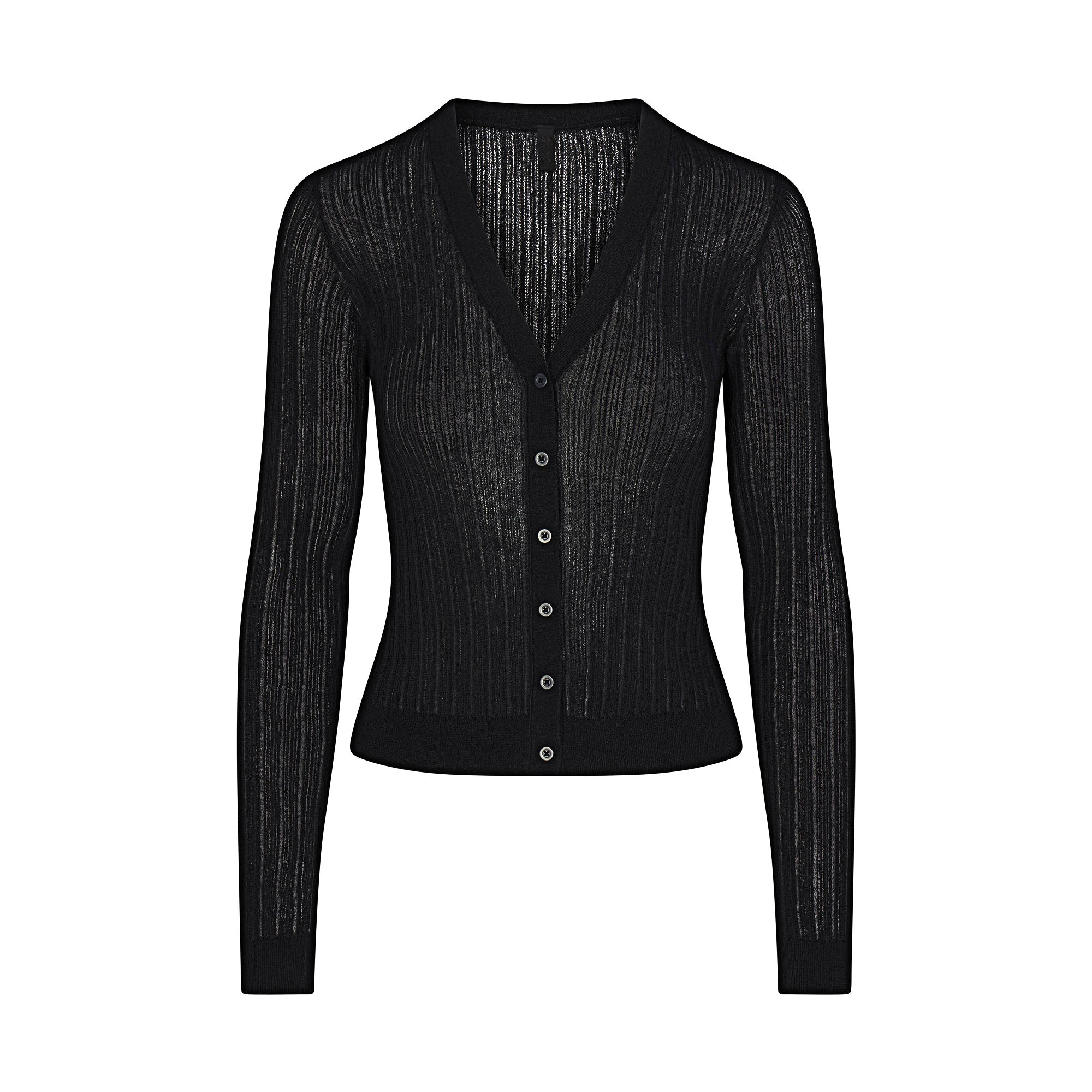 SHEER KNIT CARDIGAN | ONYX FLAT ON A WHITE BACKGROUND | FLT