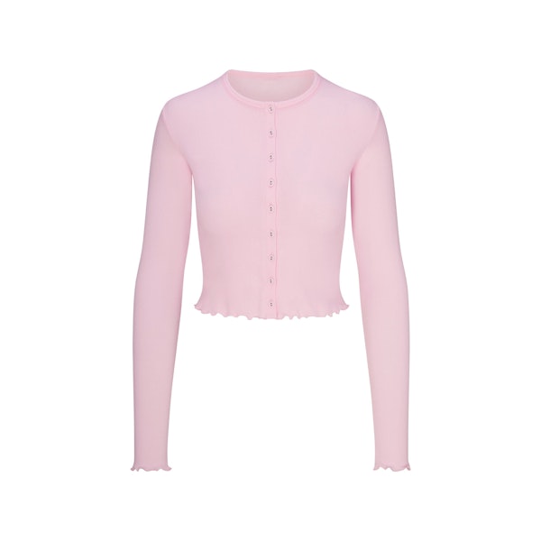 LOGO POINTELLE CARDIGAN | CHERRY BLOSSOM FLAT ON A WHITE BACKGROUND | FLT