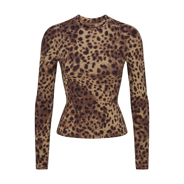 DOLCE&GABBANA X SKIMS COTTON JERSEY LONG SLEEVE T-SHIRT | LEOPARD (LONG SLEEVE T-SHIRTS) FLAT ON A WHITE BACKGROUND | FLT