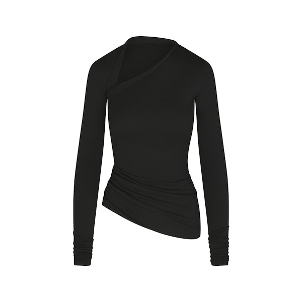 SKIMS CLOUD ASYMMETRIC LONG SLEEVE TOP | ONYX FLAT ON A WHITE BACKGROUND | FLT | FLT