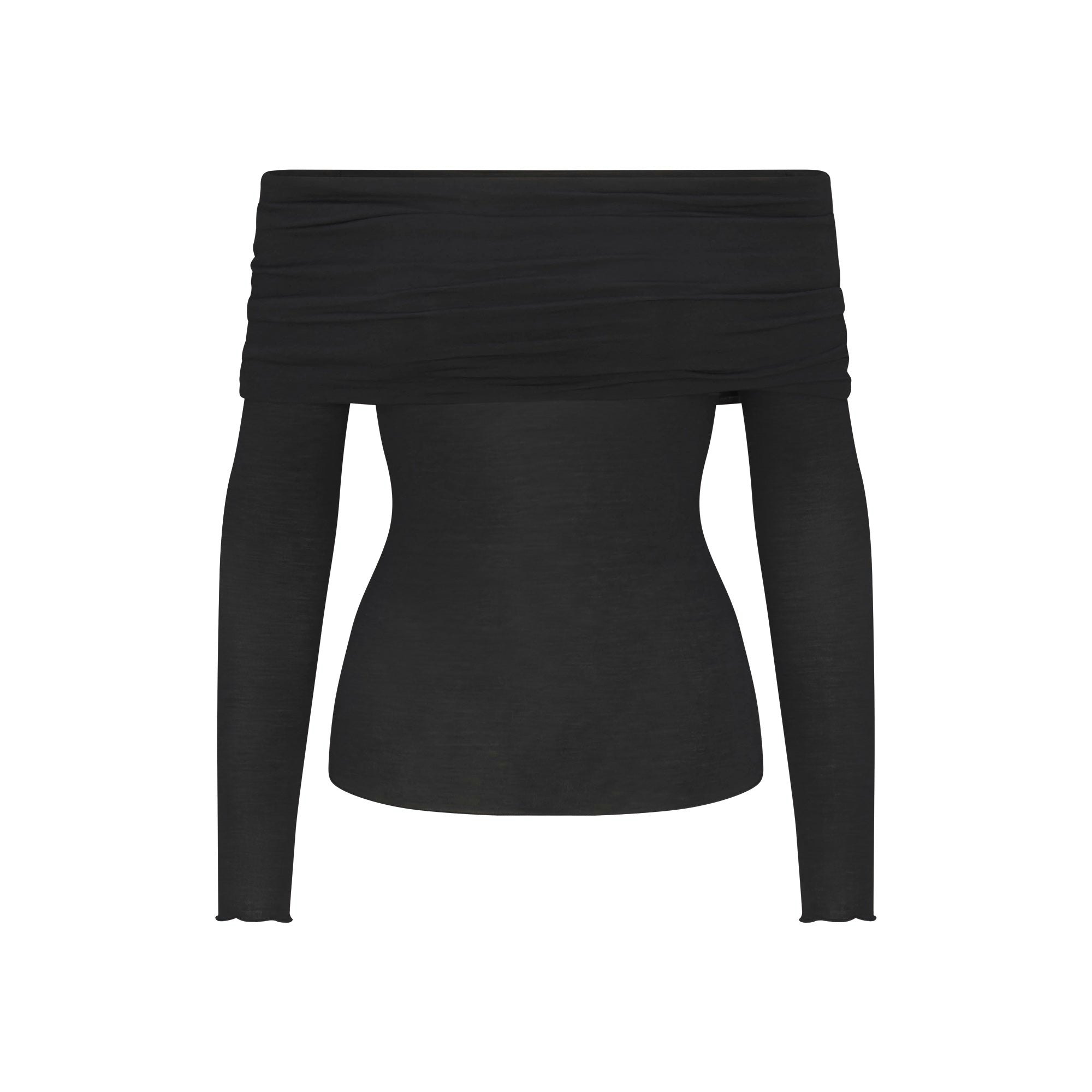 SHEER MODAL OFF THE SHOULDER TOP | ONYX FLAT ON A WHITE BACKGROUND | FLT