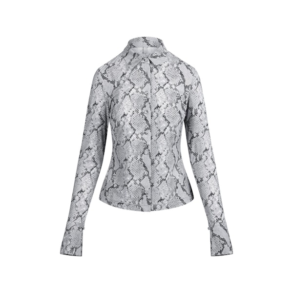 CLING MATTE LONG SLEEVE BUTTON UP | CHROME SNAKESKIN PRINT FLAT ON A WHITE BACKGROUND | FLT