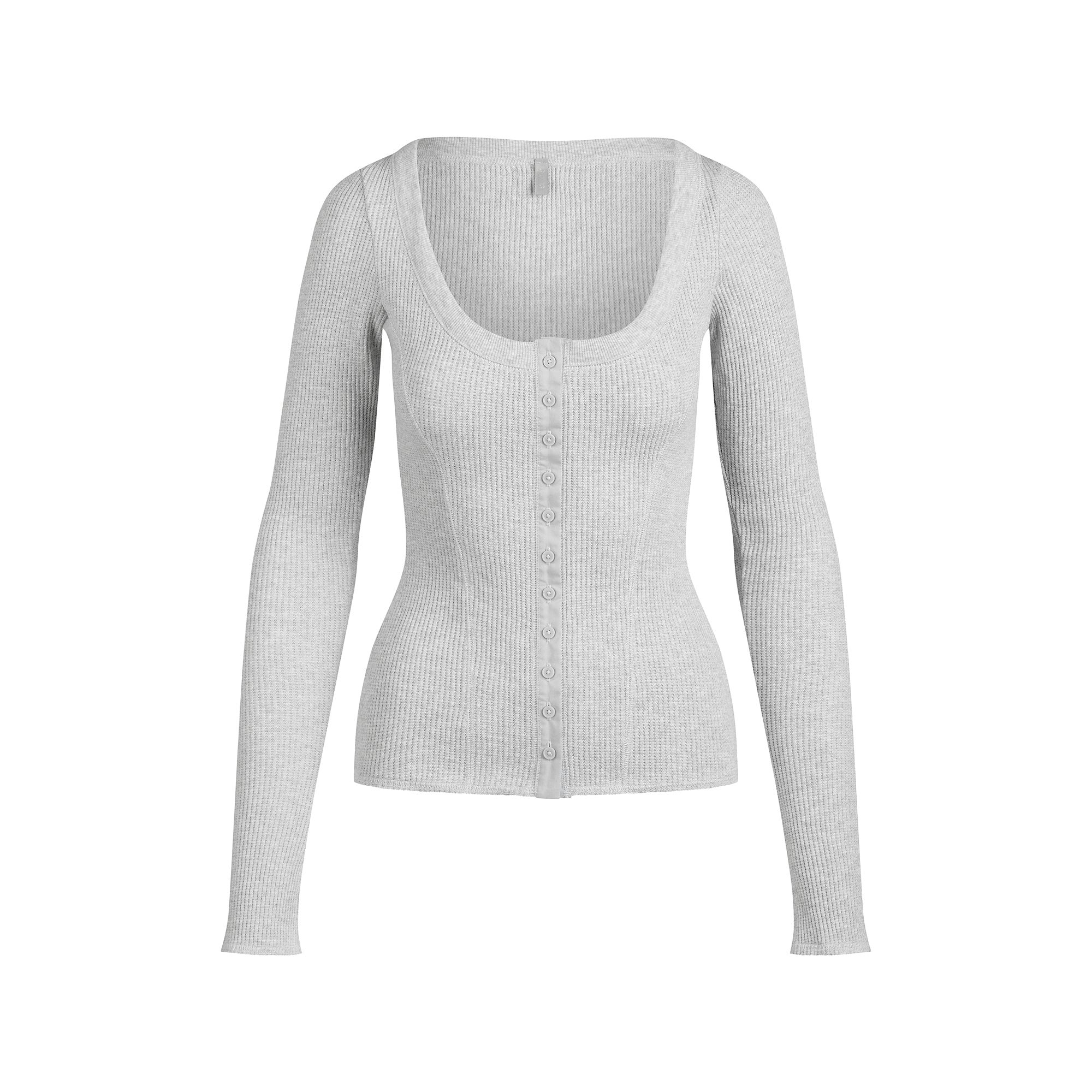 HEAVY WAFFLE CARDIGAN | LIGHT HEATHER GREY FLAT ON A WHITE BACKGROUND | FLT