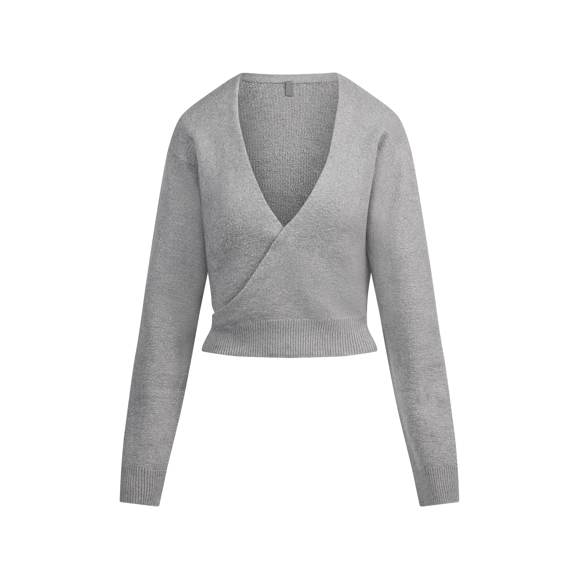 TEXTURED KNIT WRAP SWEATER | DARK HEATHER GREY FLAT ON A WHITE BACKGROUND | FLT